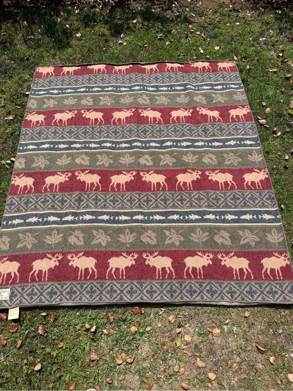 VTG Woolrich Lodge Camp Fair Isle Blanket Sherpa Moose Fish Leaves 57x64 GUC